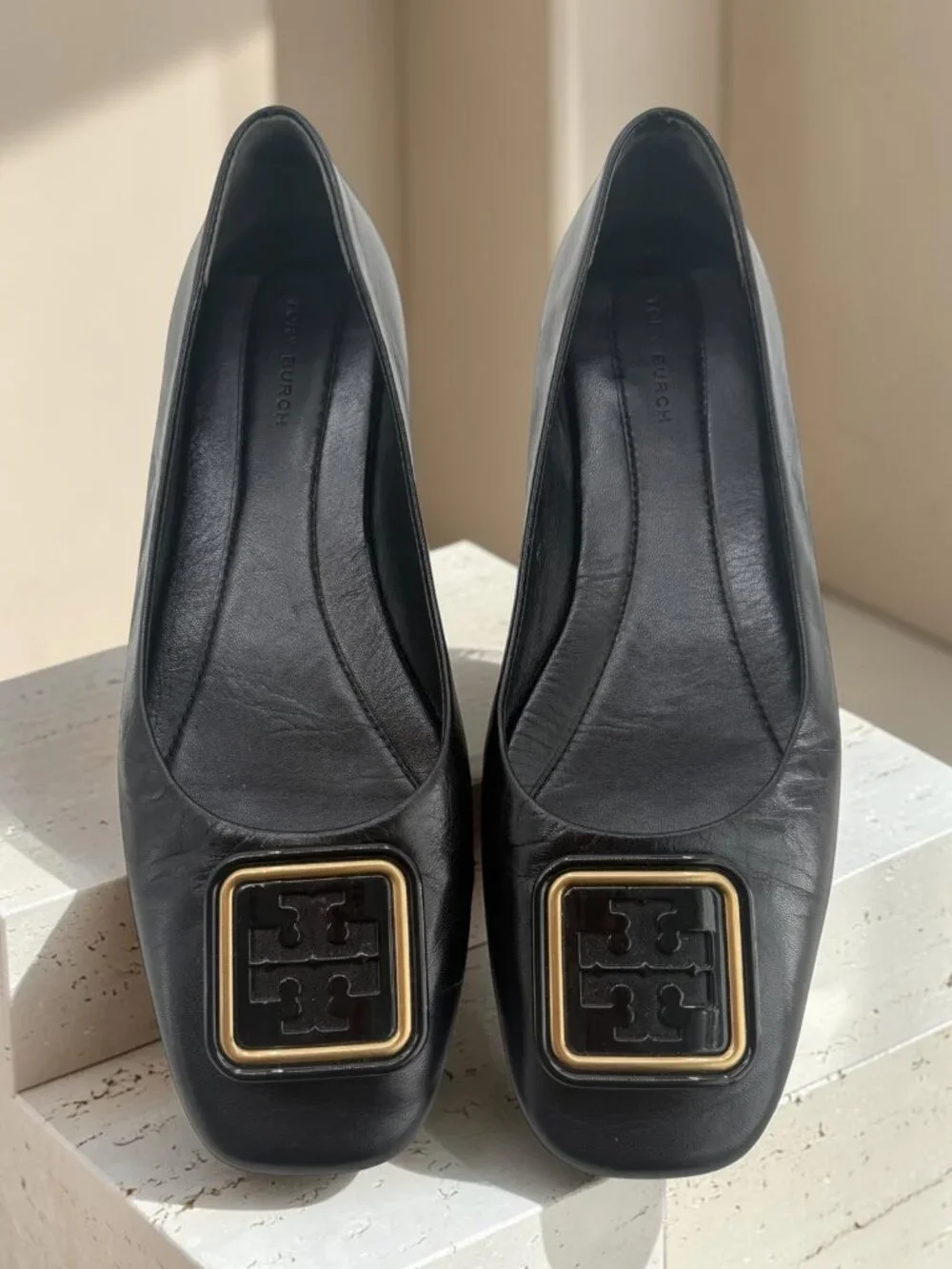 Tory Burch Black Leather Square Logo Plating Ballerina Flats 9